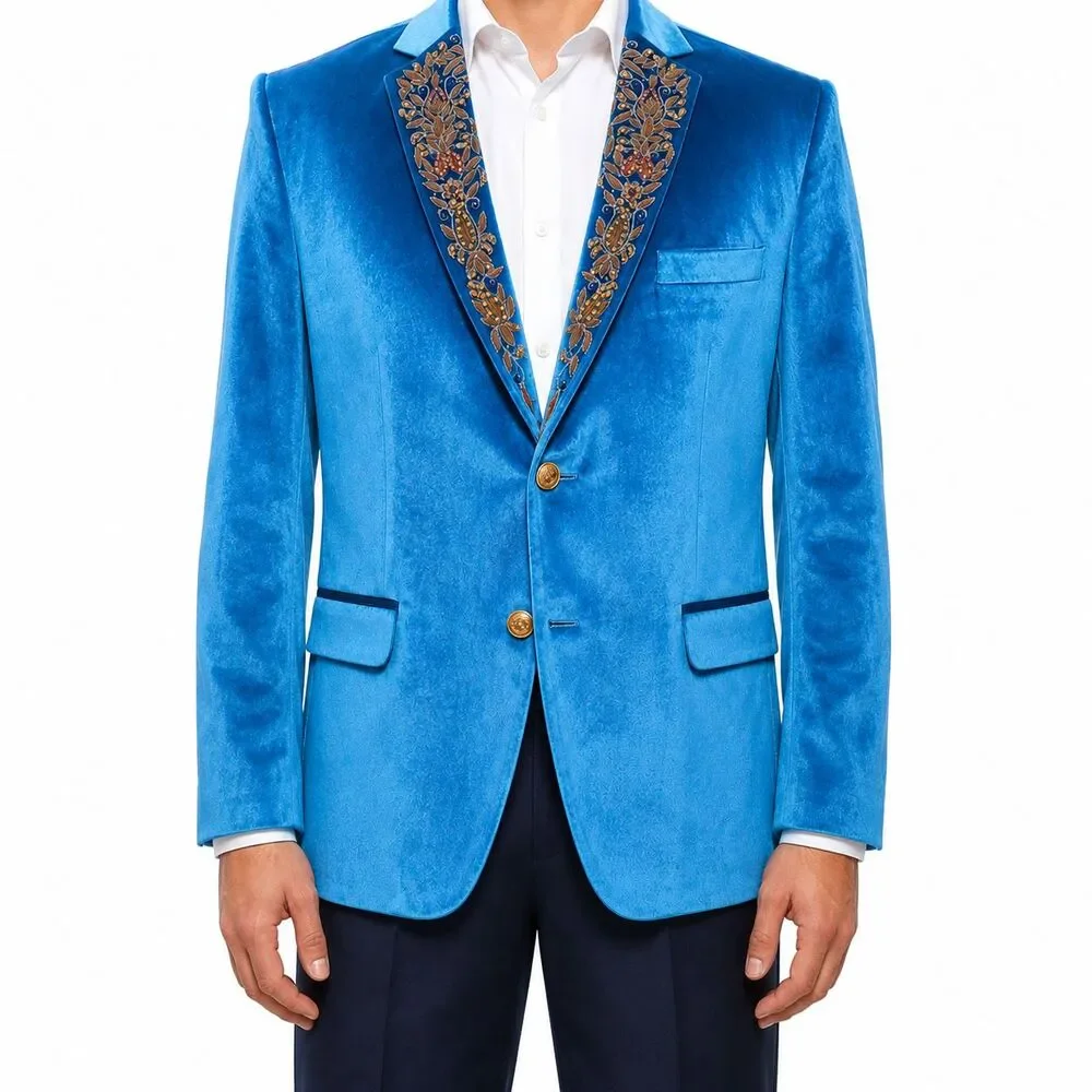 Mens 42R Turquoise Blue Velvet Blazer Hand Embroidered Lapel Tuxedo Suit Jacket
